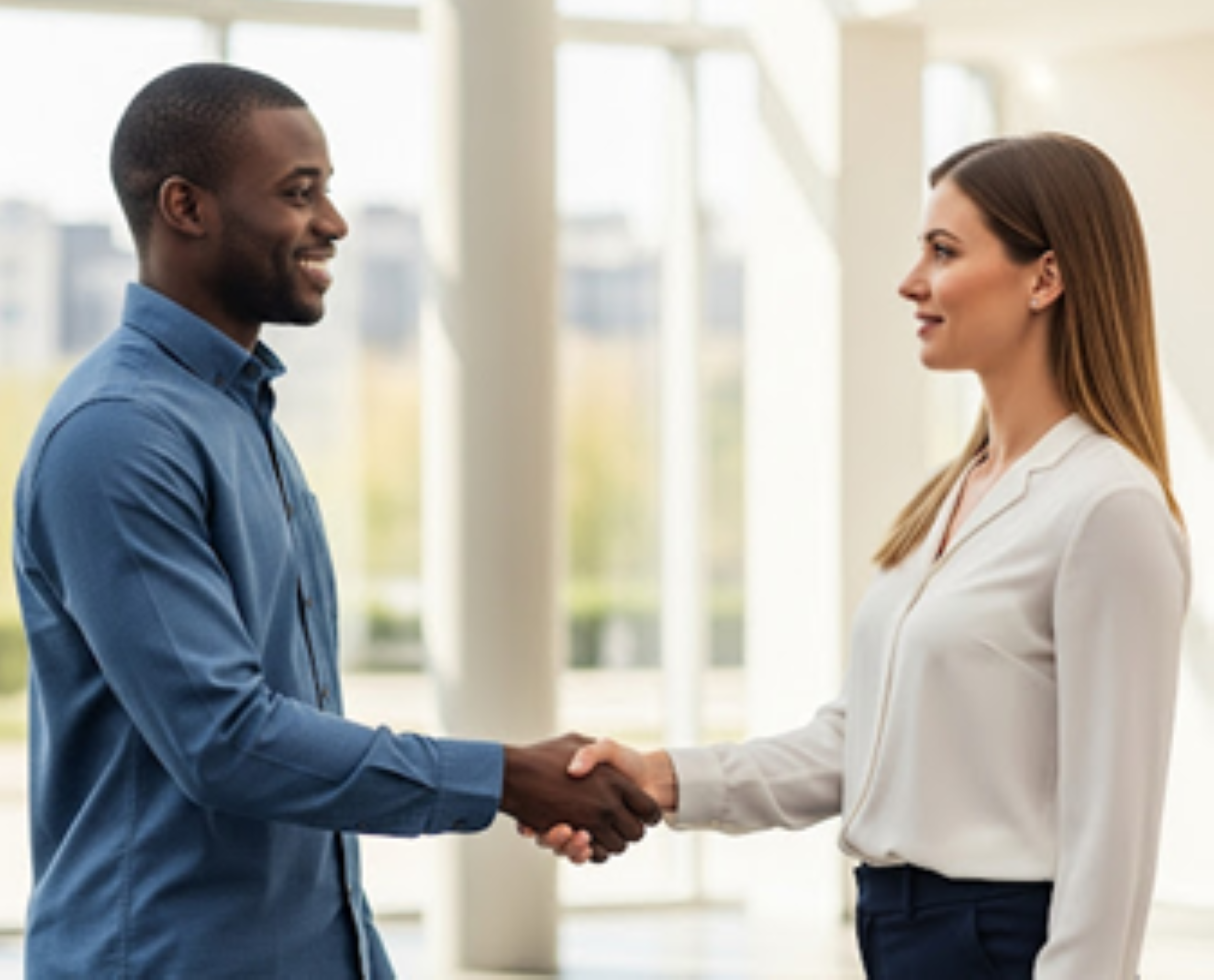 A man and woman in casual attire shake hands. 